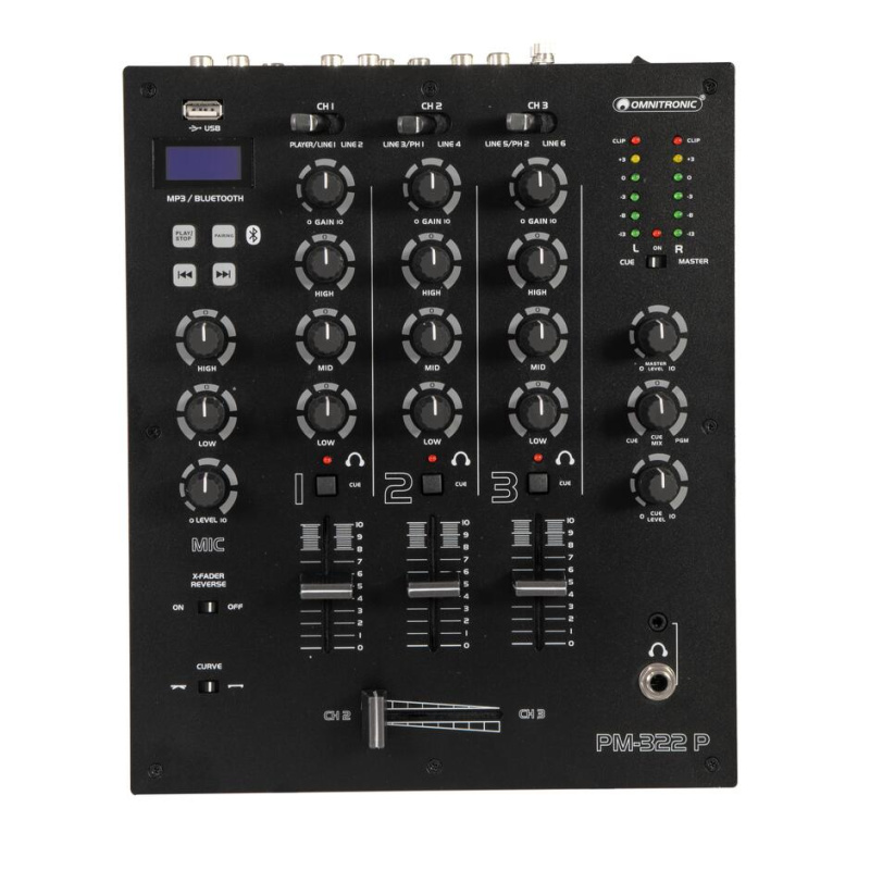 OMNITRONIC PM-322P 3-kanalni DJ mikser z Bluetooth in USB predvajalnikom 3-kanalni DJ mikser OMNITRONIC PM-322P omogoča enostavno mešanje zvoka z Bluetooth povezavo in MP3 predvajalnikom. Idealno za DJ-e in zabave, nudi prilagodljive možnosti nadzora in vrhunsko zvočno kvaliteto.