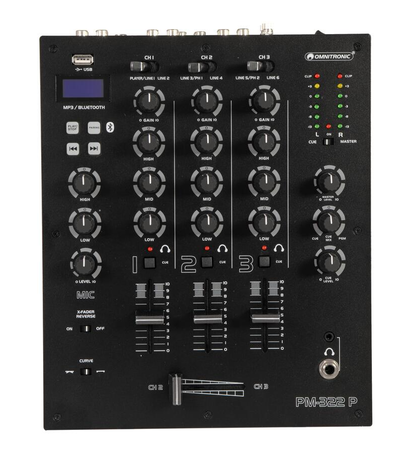 OMNITRONIC PM-322P 3-kanalni DJ mikser z Bluetooth in USB predvajalnikom 3-kanalni DJ mikser OMNITRONIC PM-322P omogoča enostavno mešanje zvoka z Bluetooth povezavo in MP3 predvajalnikom. Idealno za DJ-e in zabave, nudi prilagodljive možnosti nadzora in vrhunsko zvočno kvaliteto.