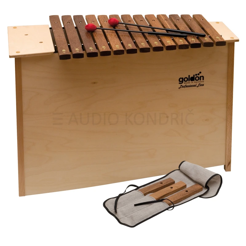 Goldon Orff ksilofon, bas ksilofon, diatonični ksilofon, model 10220, Orff instrument, šolski instrument, glasbila za otroke, glasbena vzgoja, c–a1, poltoni, fis, bb, fis1, lesen ksilofon, resonančno ohišje, vrtec, osnovna šola, glasbene delavnice, Orff ansambel