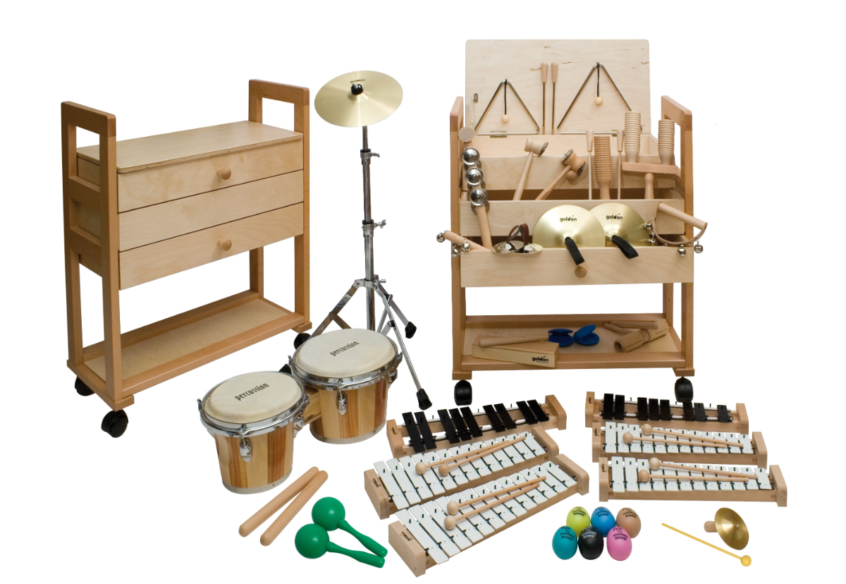 Goldon Orff set malih tolkal na vozičku – Assortment 2, za večje skupine nad 30 otrok, model 30512